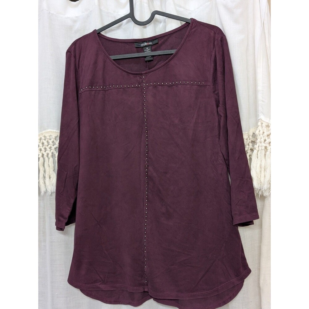 Style & co. Womens Size Medium Burgundy Faux Suede 3/4 Sleeve Beaded Blouse